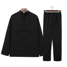 Load image into Gallery viewer, front pure cotton two-piece Tang suit with black jacket and black pants

