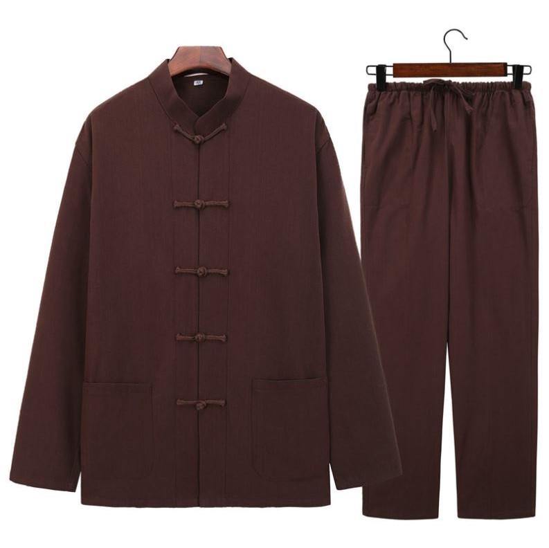 front pure cotton two-piece Tang suit with coffee jacket and coffee pants