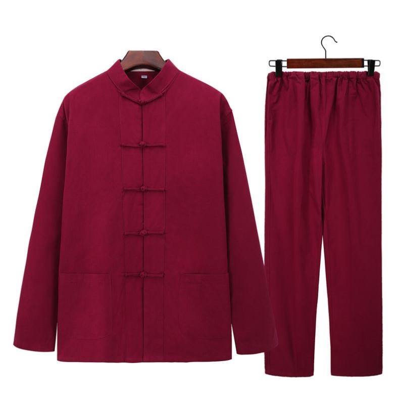 front pure cotton two-piece Tang suit with wine red jacket and wine red pants