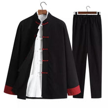 Load image into Gallery viewer, Black with Red Button Chinese Traditional Basic Three-Piece Tang Suits Thin Roll-Sleeved Contrast Color Cotton and Linen Jackets&amp;Shirts&amp;Pants

