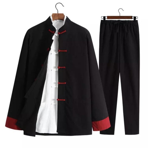 Black with Red Button Chinese Traditional Basic Three-Piece Tang Suits Thin Roll-Sleeved Contrast Color Cotton and Linen Jackets&Shirts&Pants