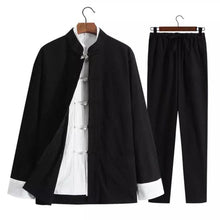Load image into Gallery viewer, Black Chinese Traditional Basic Three-Piece Tang Suits Thin Roll-Sleeved Contrast Color Cotton and Linen Jackets&amp;Shirts&amp;Pants
