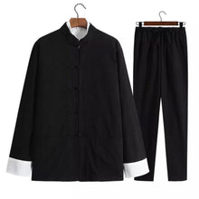Load image into Gallery viewer, Black Chinese Traditional Basic Three-Piece Tang Suits Thin Roll-Sleeved Contrast Color Cotton and Linen Jackets&amp;Shirts&amp;Pants
