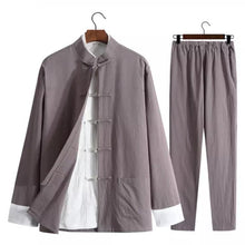 Load image into Gallery viewer, Grey Chinese Traditional Basic Three-Piece Tang Suits Thin Roll-Sleeved Contrast Color Cotton and Linen Jackets&amp;Shirts&amp;Pants
