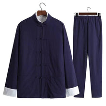 Load image into Gallery viewer, Navy Blue Chinese Traditional Basic Three-Piece Tang Suits Thin Roll-Sleeved Contrast Color Cotton and Linen Jackets&amp;Shirts&amp;Pants
