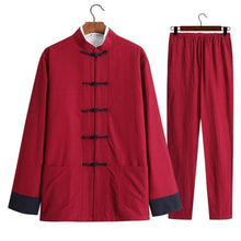 Load image into Gallery viewer, Red with Navy Blue Button Chinese Traditional Basic Three-Piece Tang Suits Thin Roll-Sleeved Contrast Color Cotton and Linen Jackets&amp;Shirts&amp;Pants

