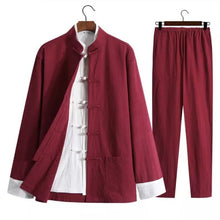 Load image into Gallery viewer, Red Chinese Traditional Basic Three-Piece Tang Suits Thin Roll-Sleeved Contrast Color Cotton and Linen Jackets&amp;Shirts&amp;Pants
