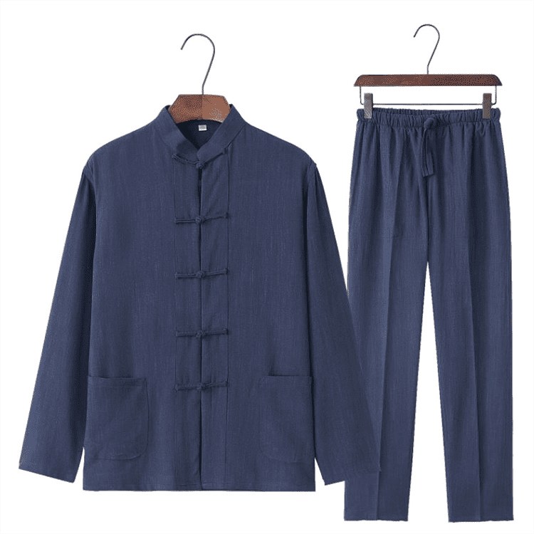 navy blue cotton and linen chinese traditional basic tangzhuang suit