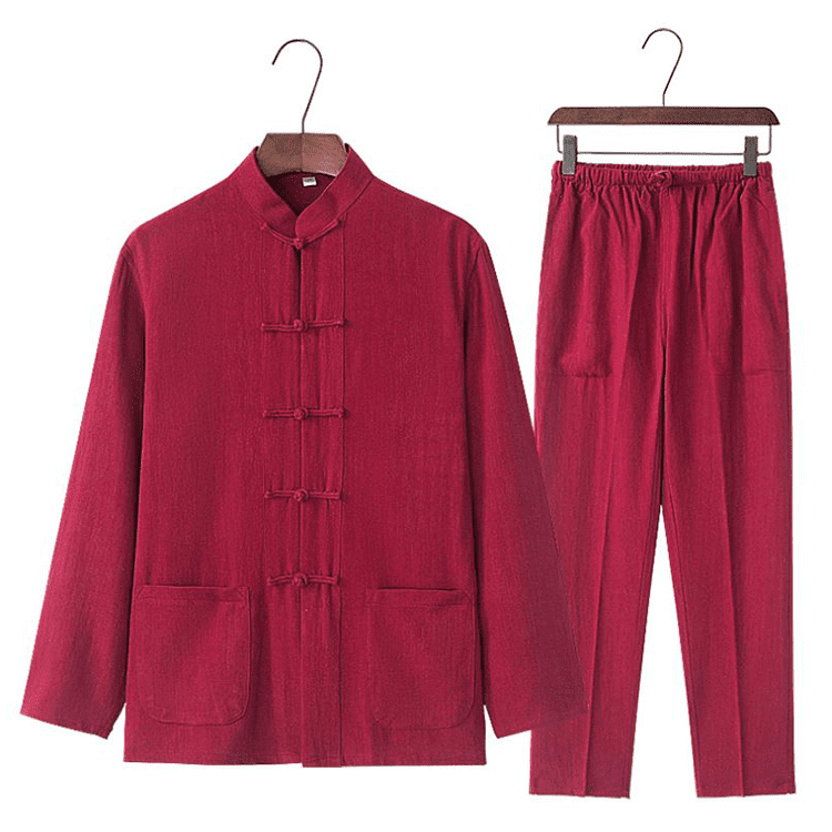 wine red cotton and linen chinese traditional basic tangzhuang suit