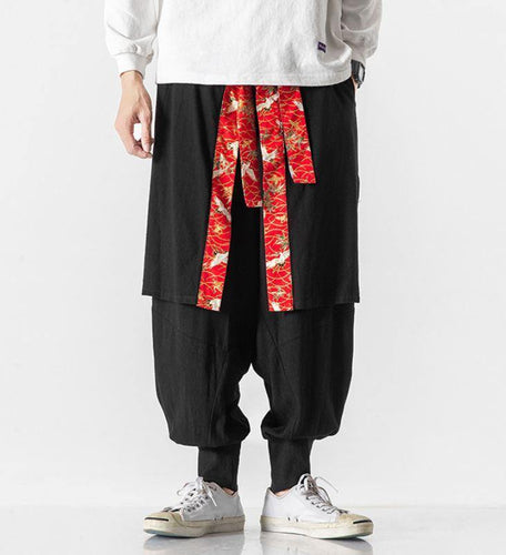 Black Crane Pattern Special-Shaped Pants Chinese Style Men‘s Culottes Trousers