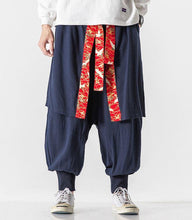 Load image into Gallery viewer, Front Navy Blue Crane Pattern Special-Shaped Pants Chinese Style Men‘s Culottes Trousers
