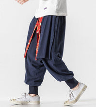 Load image into Gallery viewer, Navy Blue Crane Pattern Special-Shaped Pants Chinese Style Men‘s Culottes Trousers
