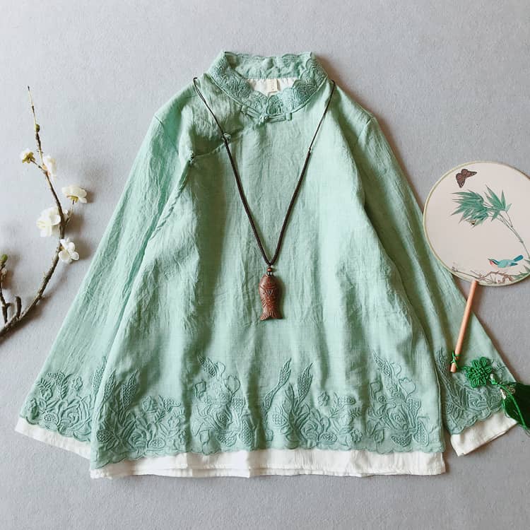 Green double layers qipao/cheongsam blouse