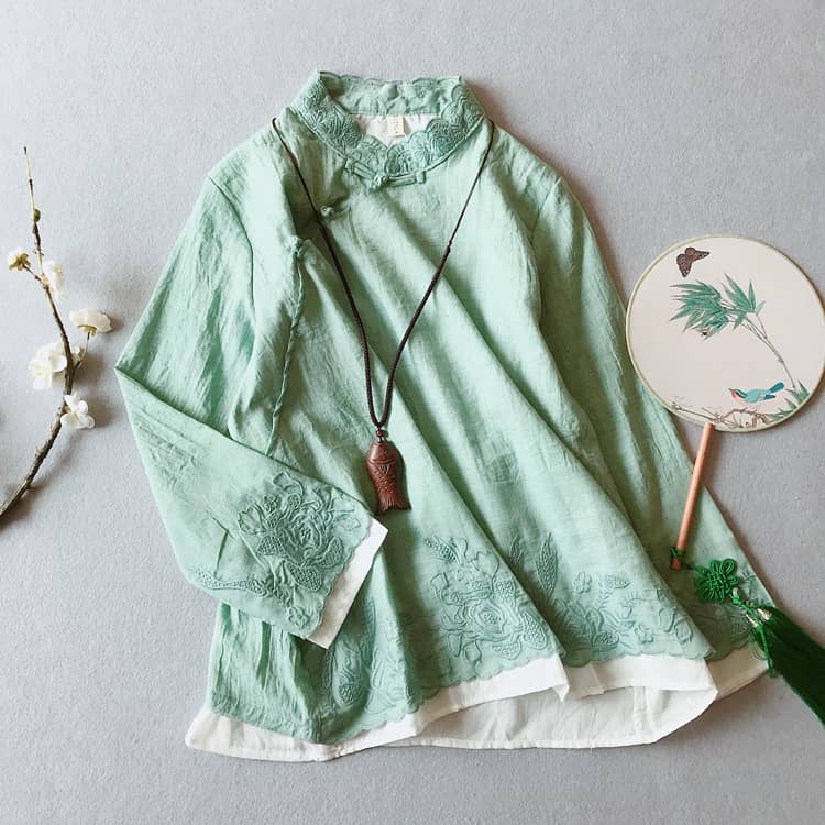 Green double layers qipao/cheongsam blouse