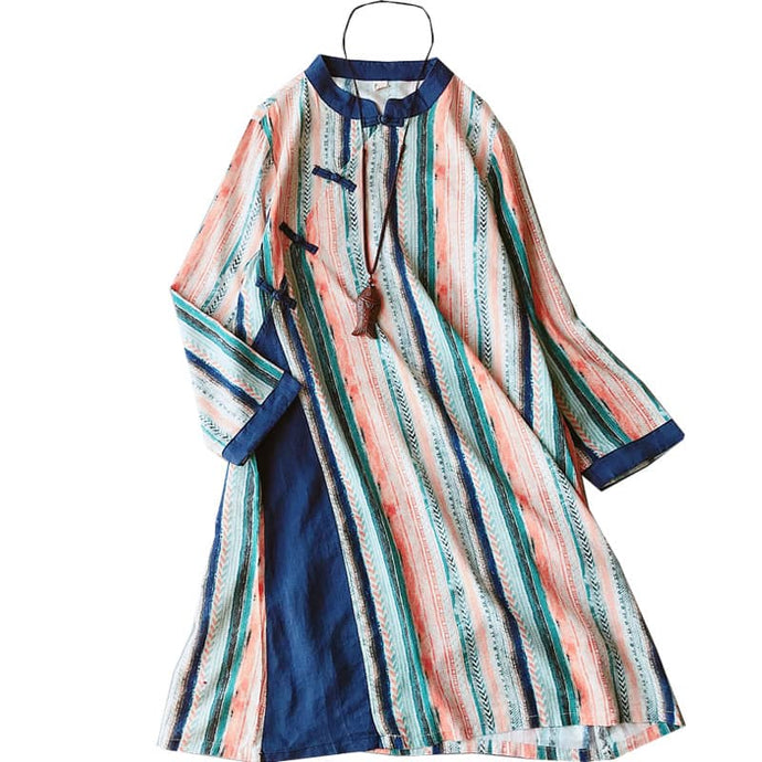 Front of a folk stripe qipao/cheongsam dress