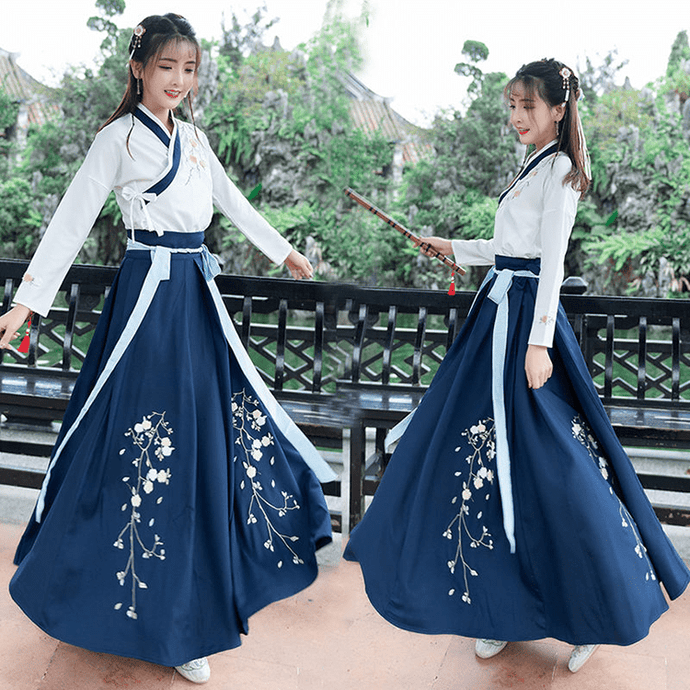 Navy blue hanfu dress ruqun for women with long sleeves