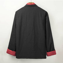 Load image into Gallery viewer, Back of a black padded Hanfu jacket with folded cuffs
