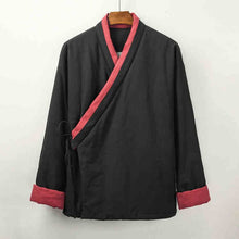 Load image into Gallery viewer, Front of a black padded Hanfu jacket with folded cuffs
