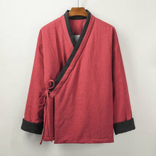 Load image into Gallery viewer, Front of a red padded Hanfu jacket with folded cuffs

