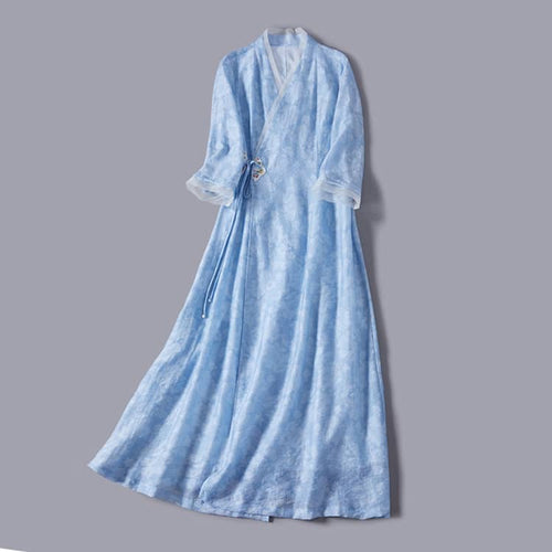 Front of a blue modern hanfu dress with embroidery patterns