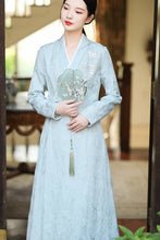 Load image into Gallery viewer, A woman with a blue embroidered modern hanfu dress with jacquard fabric
