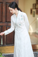 Load image into Gallery viewer, A woman with a white embroidered modern hanfu dress with jacquard fabric
