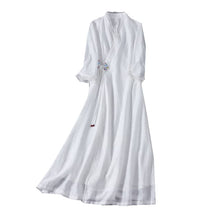 Load image into Gallery viewer, Front of a white modern hanfu dress with embroidery patterns
