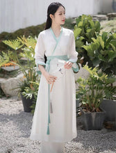 Load image into Gallery viewer, A woman with a White modern hanfu dress with waistband
