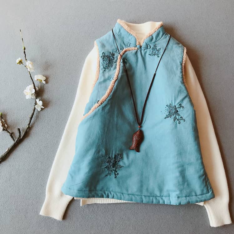 Blue padded qipao/cheongsam vest with a sweater