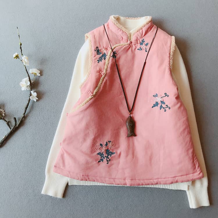 Pink padded qipao/cheongsam vest with a sweater