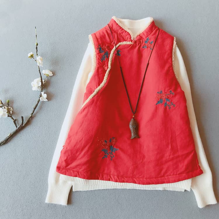 Red padded qipao/cheongsam vest with a sweater