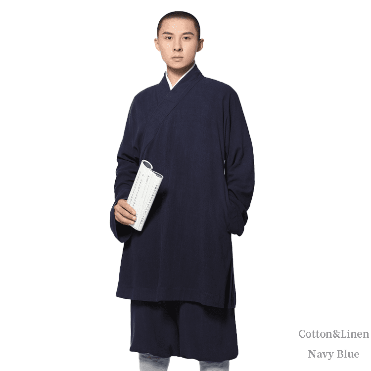 Navy Blue Cotton&Linen Arhat Monk Robe