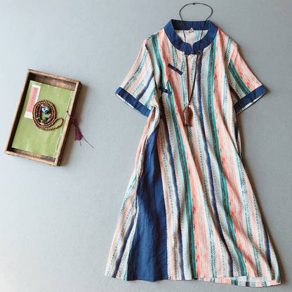 short sleeves folk stripe qipao/cheongsam dress