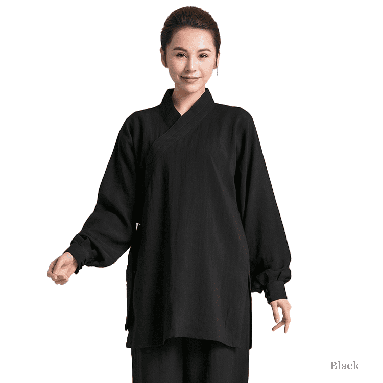 Black tai chi uniform with strapped cuffs for men and women