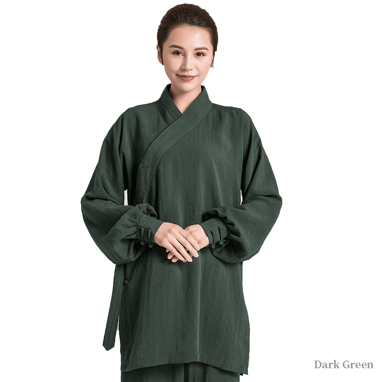 Dark green tai chi uniform with strapped cuffs for men and women