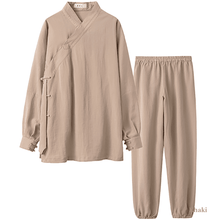 Load image into Gallery viewer, Khaki tai chi uniform with strapped cuffs for men and women
