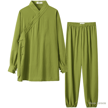 Moss green tai chi uniform with strapped cuffs for men and women