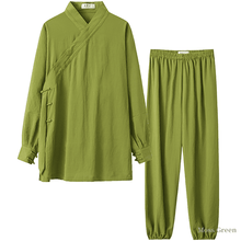 Load image into Gallery viewer, Moss green tai chi uniform with strapped cuffs for men and women
