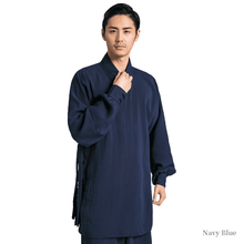 Load image into Gallery viewer, Navy blue tai chi uniform with strapped cuffs for men and women
