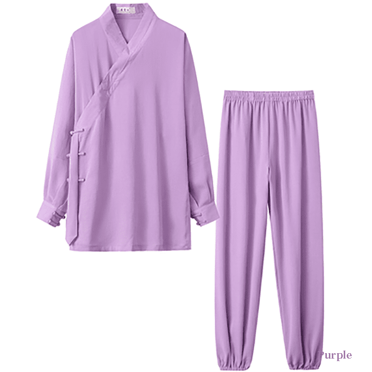 Purple tai chi uniform with strapped cuffs for men and women