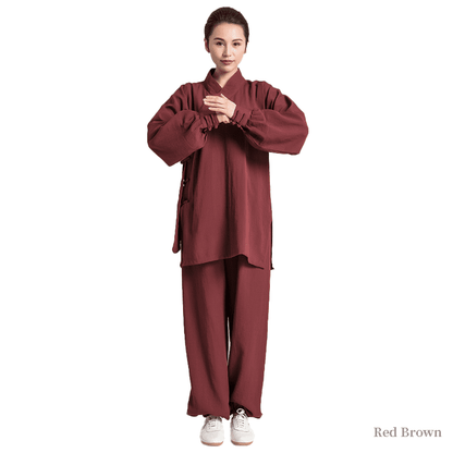 Red brown tai chi uniform with strapped cuffs for men and women