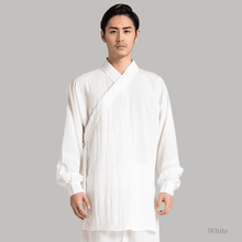 Load image into Gallery viewer, White tai chi uniform with strapped cuffs for men and women
