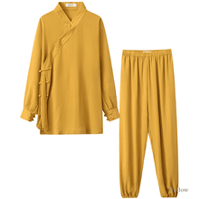 Load image into Gallery viewer, Yellow tai chi uniform with strapped cuffs for men and women
