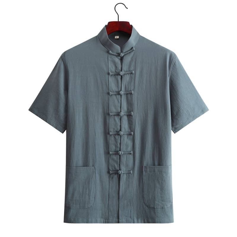 Celadon short-sleeved tang suit shirt with straight button