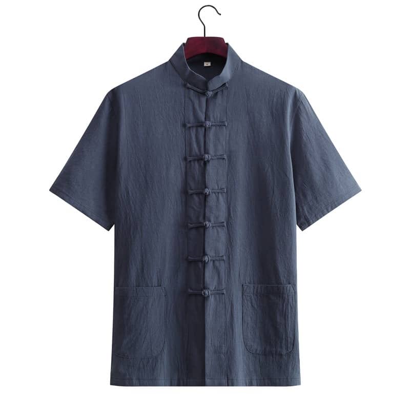 Navy blue short-sleeved tang suit shirt with straight button