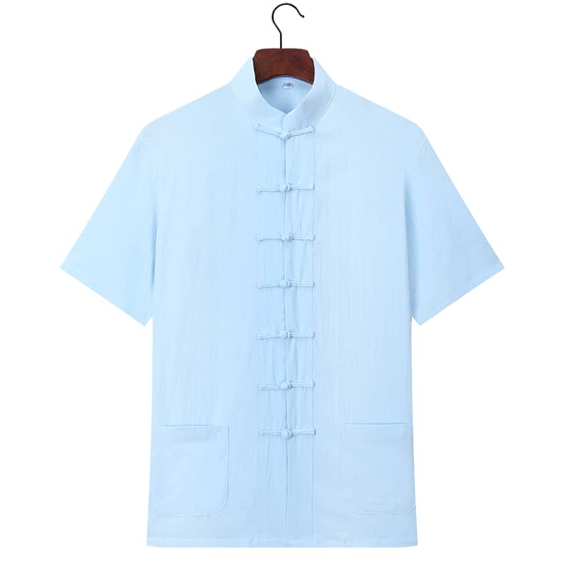 Sky blue short-sleeved tang suit shirt with straight button