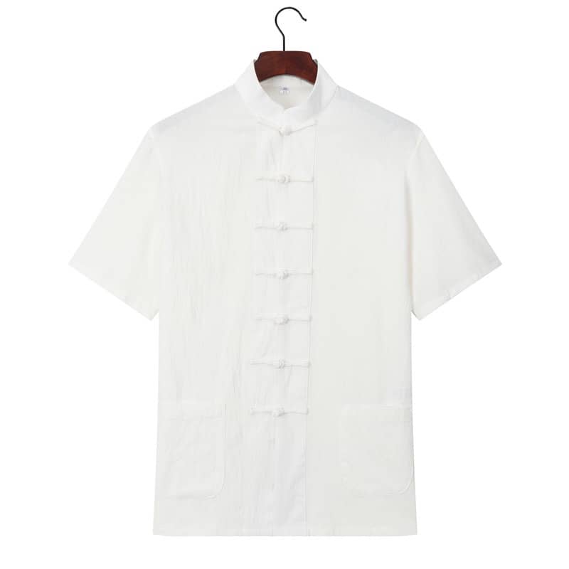 White short-sleeved tang suit shirt with straight button