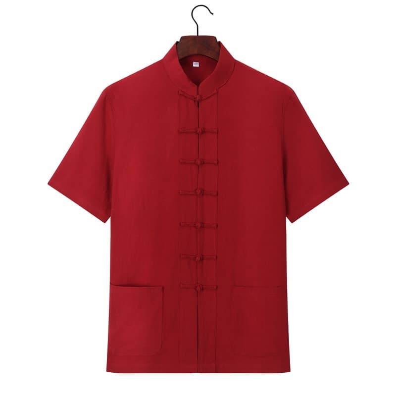 Wine red short-sleeved tang suit shirt with straight button