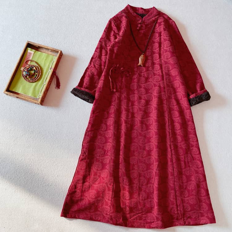 Wine red velvet padded qipao/cheongsam dress