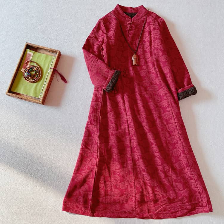 Wine red velvet padded qipao/cheongsam dress